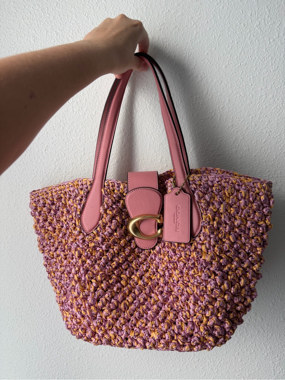 Coach Pink & Yellow Woven Straw Tote with Gold Hardware